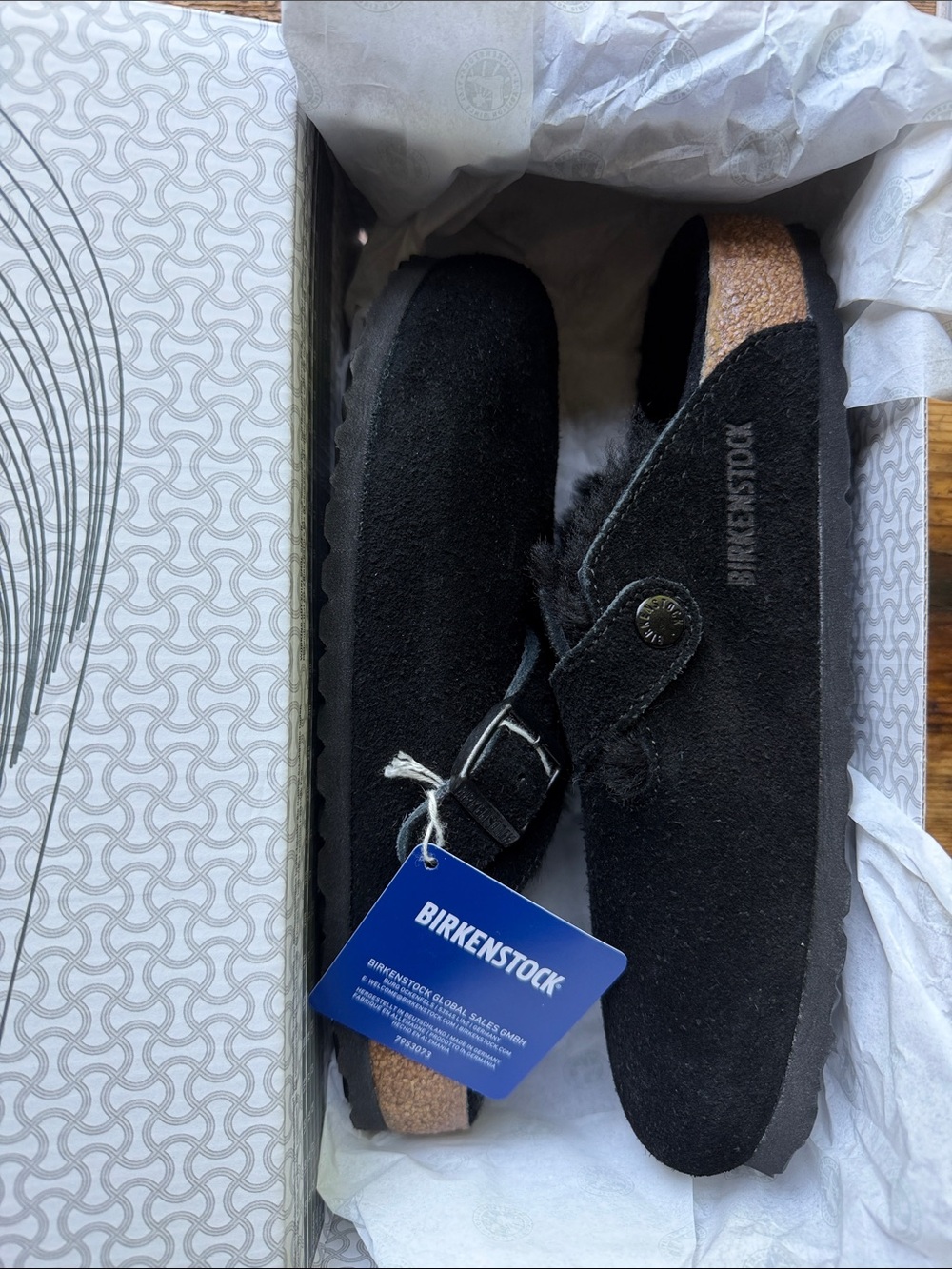 Birkenstock Black Suede Shearling Boston Clog with Cork Footbed Women’s 38